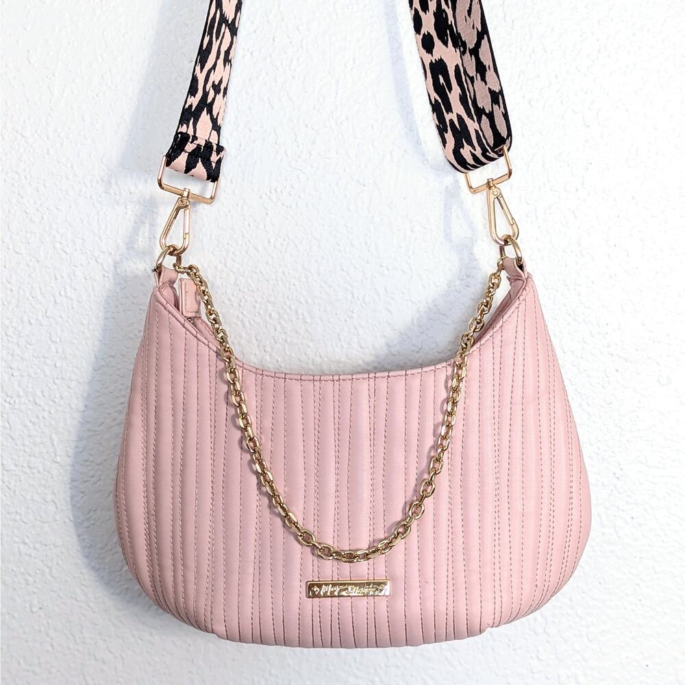 Betsey Johnson Quilted Pink Crossbody Shoulder Bag Leopard Strap Gold Chain
